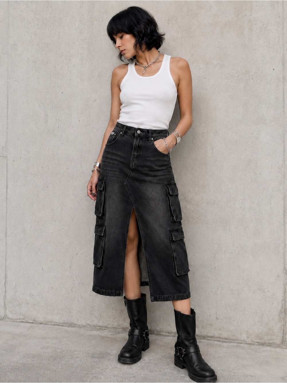 The Ragged Priest black denim cargo midi skirt front slit UK 12